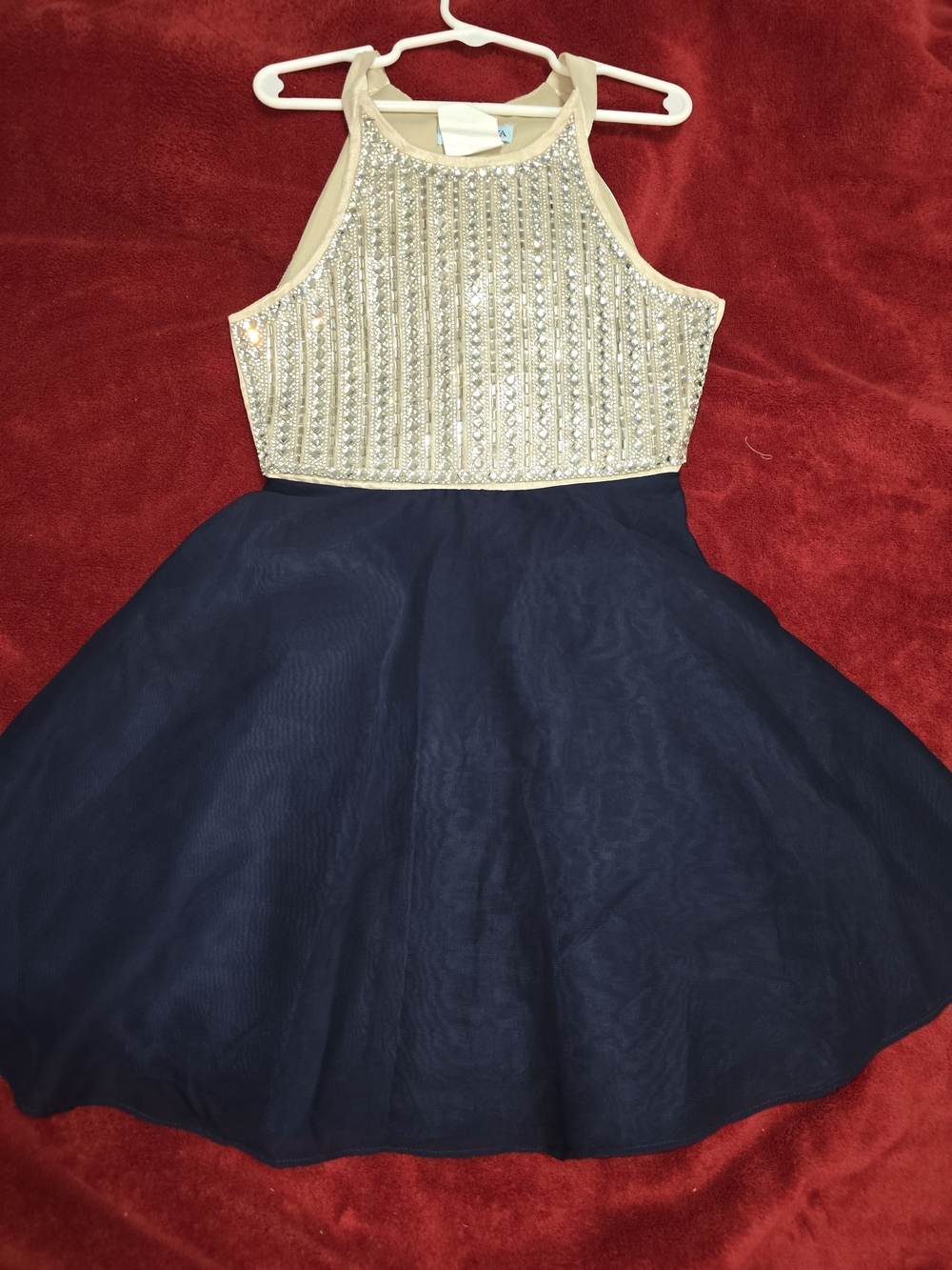 Girls Navy Skater Dress with Beaded Gold Bodice